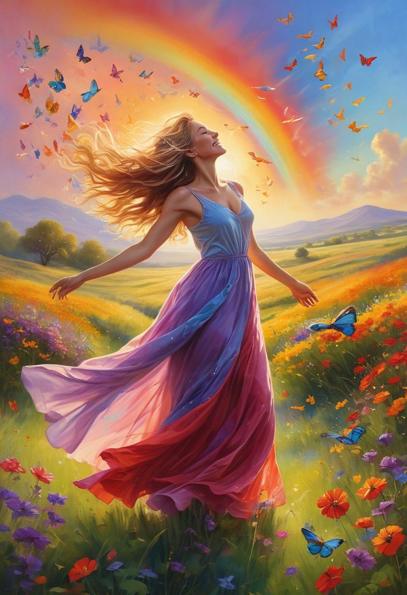 A serene landscape featuring a sun-drenched meadow filled with vibrant wildflowers, where a joyful woman with flowing hair dances freely. In the background, a rainbow arcs across a blue sky, symbolizing positivity and happiness. Soft, warm sunlight illuminates the scene, casting gentle shadows. Include whimsical elements like butterflies and birds to enhance the cheerful vibe. painting. vibrant colors. whimsical style.
