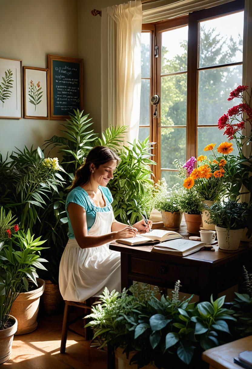 A serene scene featuring Nadine, an inspiring woman with a warm smile, sitting in a sunlit room filled with plants and colorful flowers. She's sharing her joy by writing in a journal, surrounded by uplifting quotes on the walls. A cup of herbal tea sits beside her, conveying tranquility and self-care. The atmosphere is dreamy and peaceful, symbolizing blissful contentment. vibrant colors. soft lighting. super-realistic.