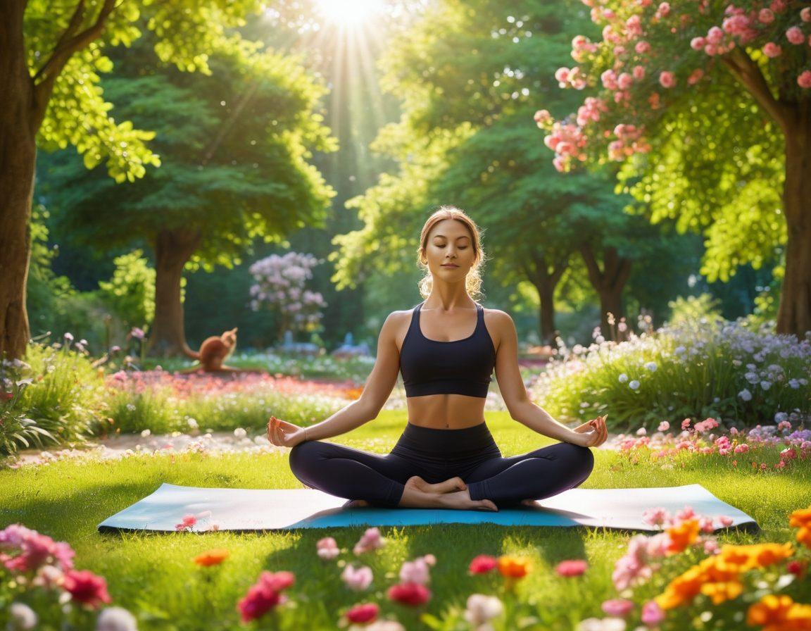 A vibrant scene depicting Nadine joyfully engaging in various uplifting activities like yoga in a sunlit park, surrounded by blooming flowers and friendly animals. Include bright colors radiating warmth and positivity, with soft rays of sunlight filtering through the trees. The overall atmosphere should exude happiness, peace, and the celebration of life. super-realistic. vibrant colors. sunny background.